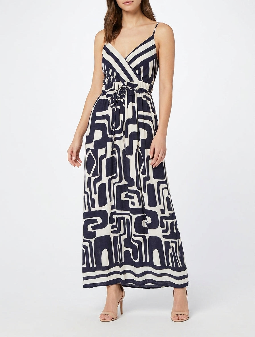 Langes Kleid mit grafischem Druck - Marine