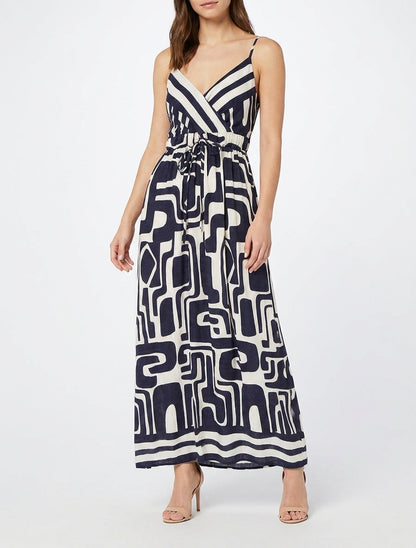 Langes Kleid mit grafischem Druck - Marine