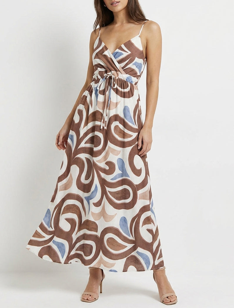 Langes Kleid mit Fantasiemuster - Braun