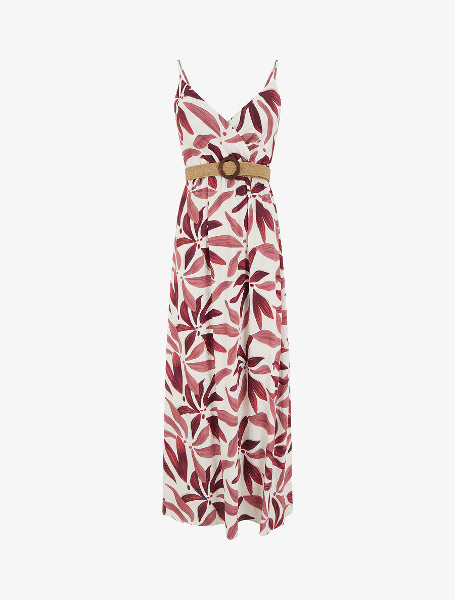 Robe longue évasée imprimé végétal - Vieux rose - 1