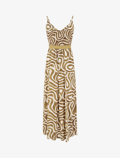 Robe longue évasée imprimé courbes fantaisies - Marron - 2
