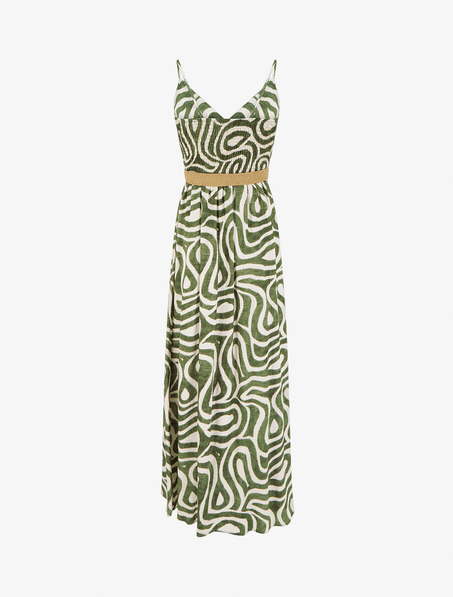Robe longue évasée imprimé courbes fantaisies - Kaki - 2