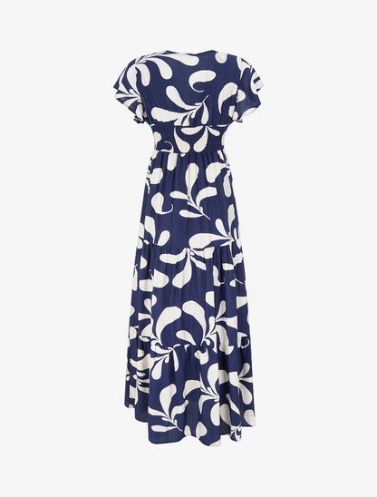 Robe longue manches courtes imprimé plantes stylisées - Marine - 2