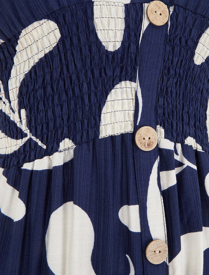 Robe longue manches courtes imprimé plantes stylisées - Marine - 3