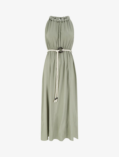 Robe longue unie à col rond stylisé - Kaki - 1