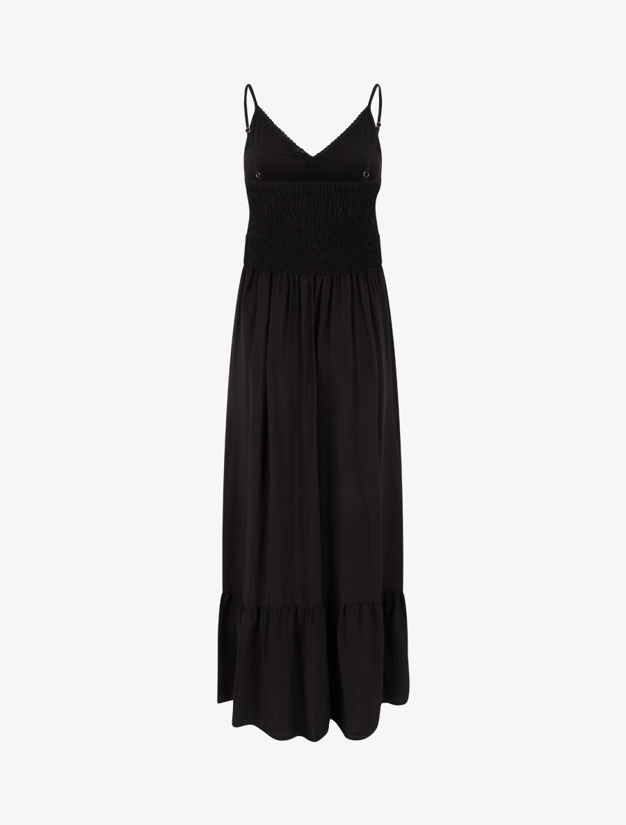 Robe longue unie à taille en dentelle - Noir - 2