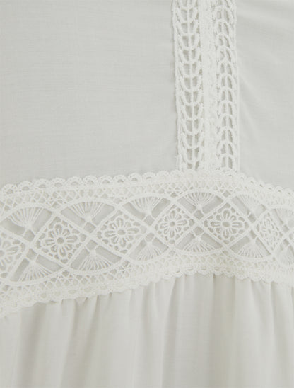 Robe longue unie à taille en dentelle - Blanc - 3