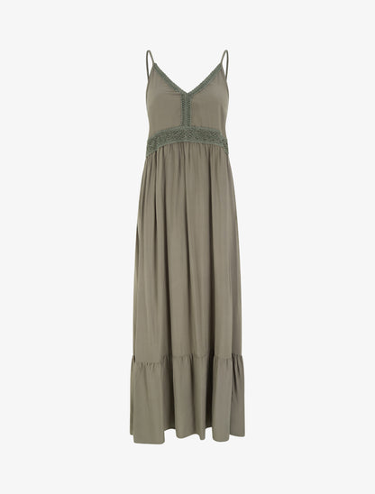 Robe longue unie à taille en dentelle - Kaki - 1