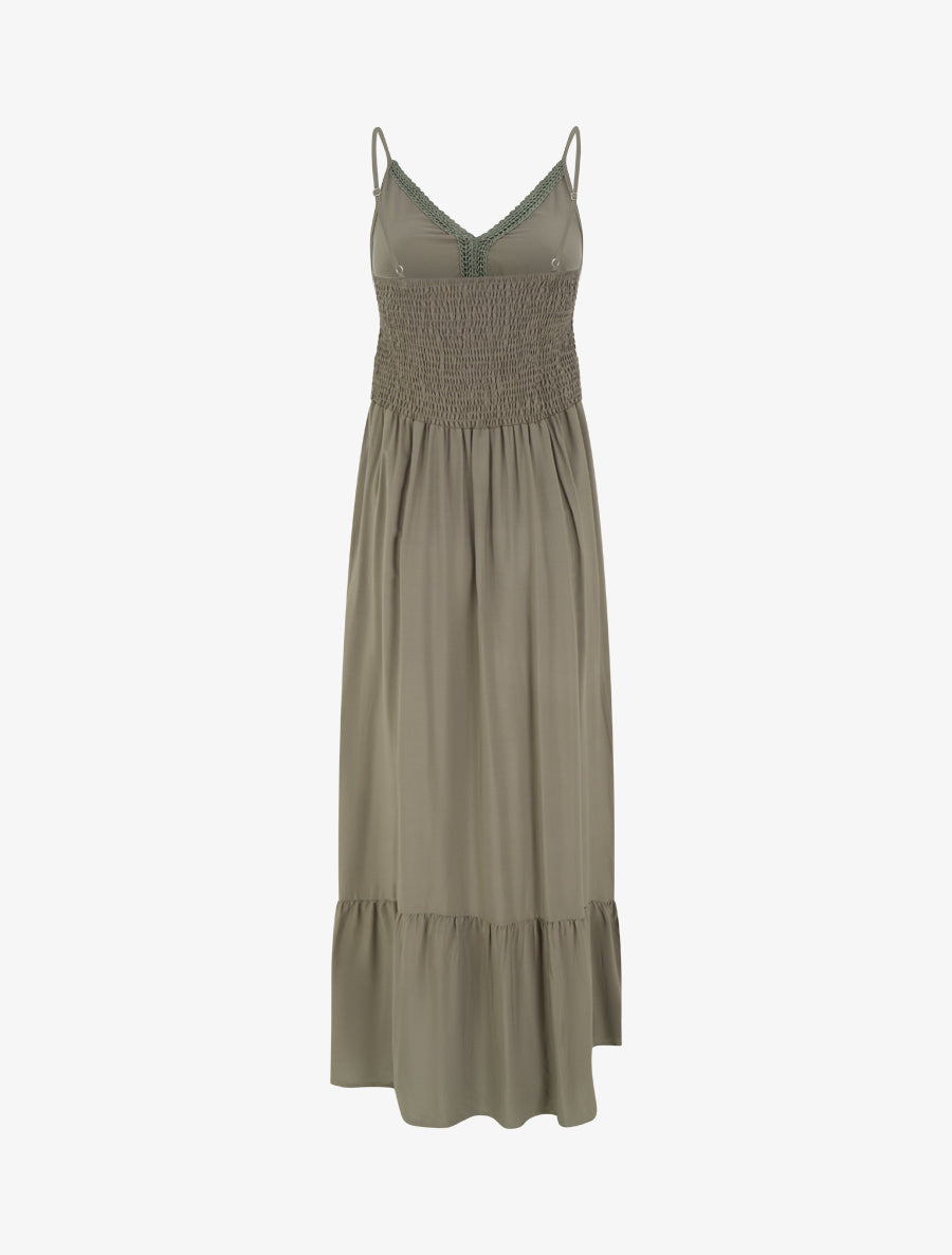 Robe longue unie à taille en dentelle - Kaki - 2