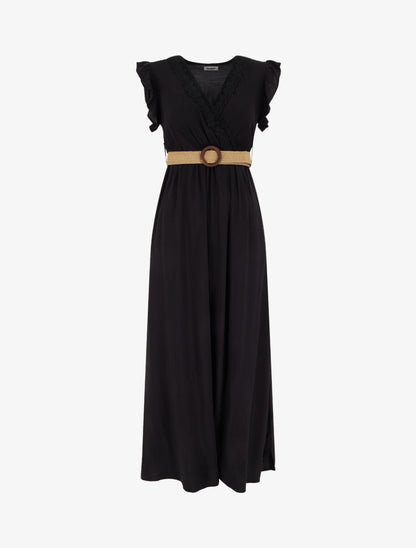 Robe longue unie à col cache-coeur - Noir - 1