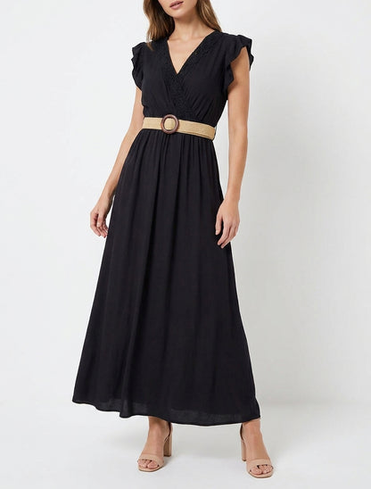 Langärmeliges Kleid mit Wickelausschnitt - Schwarz