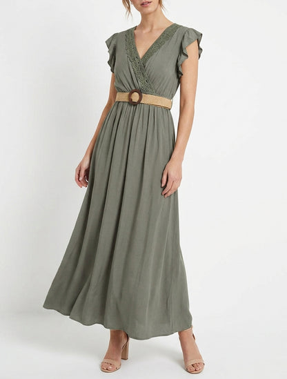 Langärmeliges Kleid mit Wickelausschnitt - Kaki