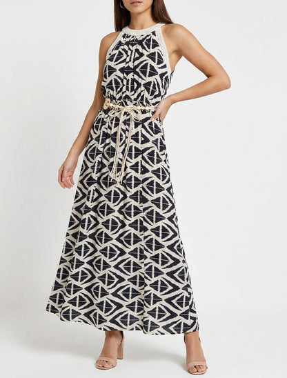 Langes Kleid mit amerikanischem Kragen und grafischem Druck. - Marine