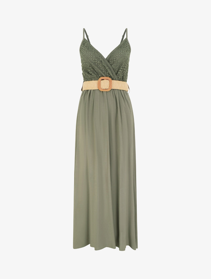 Robe longue unie à buste en dentelle - Kaki - 1
