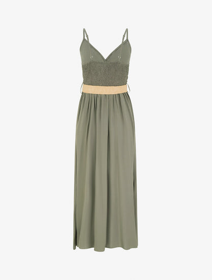 Robe longue unie à buste en dentelle - Kaki - 2