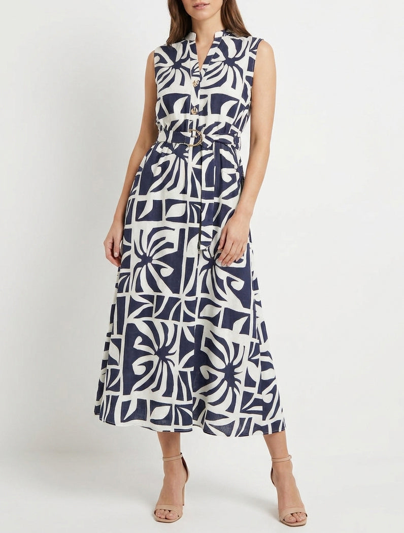 Langes Kleid mit stilisiertem Druck und dekorativen Knöpfen - Marine