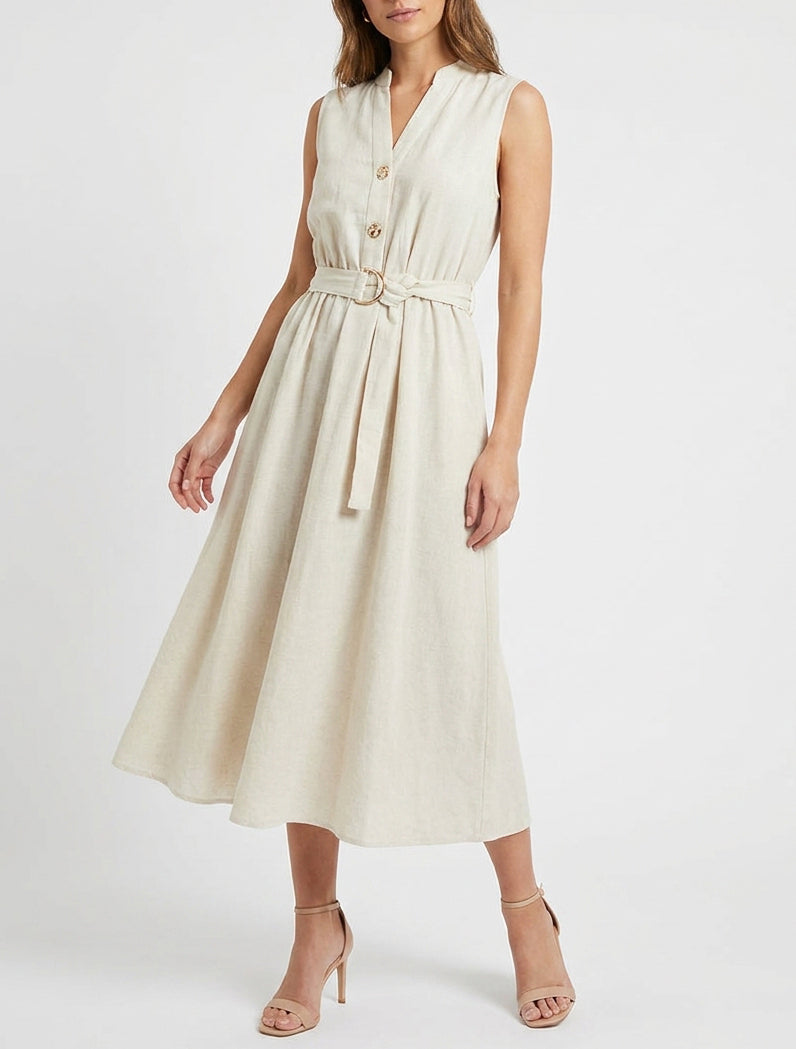 Langes einfarbiges Kleid in Leinenoptik - Beige
