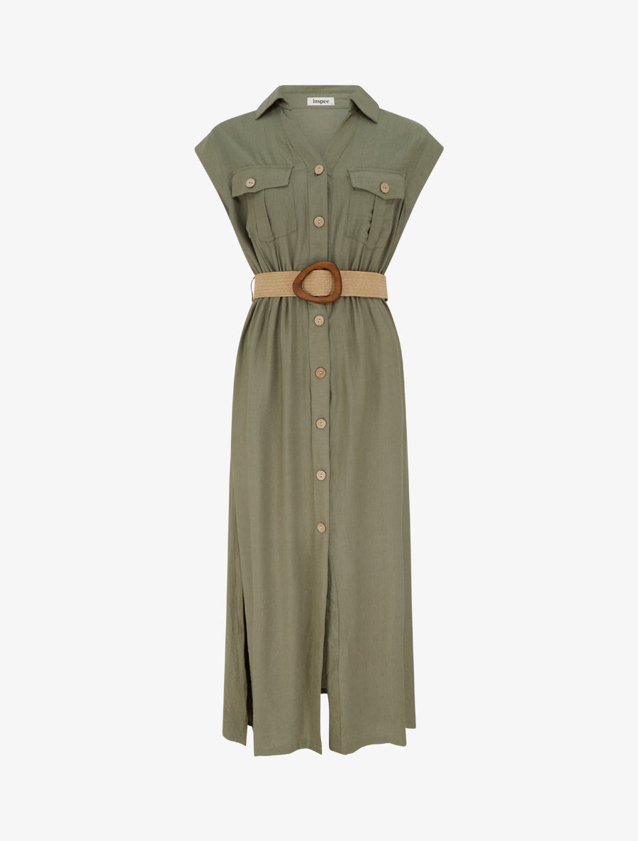 Robe longue unie boutonnée - Kaki - 1