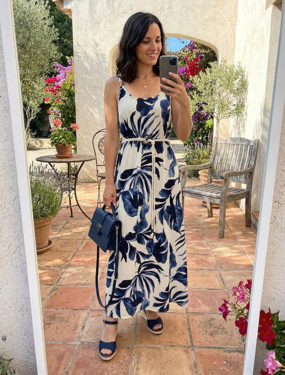 Blätter bedrucktes Kleid mit Kordelträgern - Marine