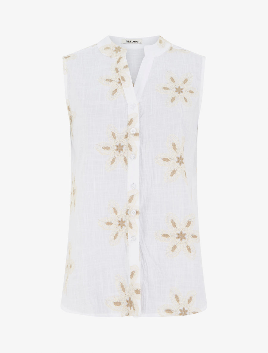 Blouse sans manches à broderies fleuries - Blanc - 1