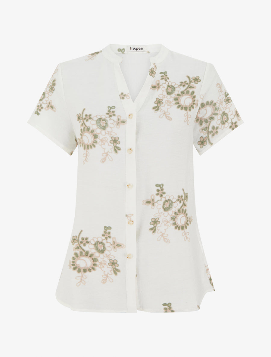 Blouse manches courtes à broderies fleuries - Blanc - 1
