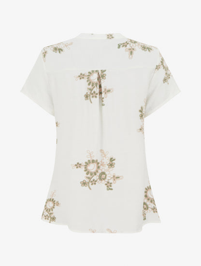 Blouse manches courtes à broderies fleuries - Blanc - 2