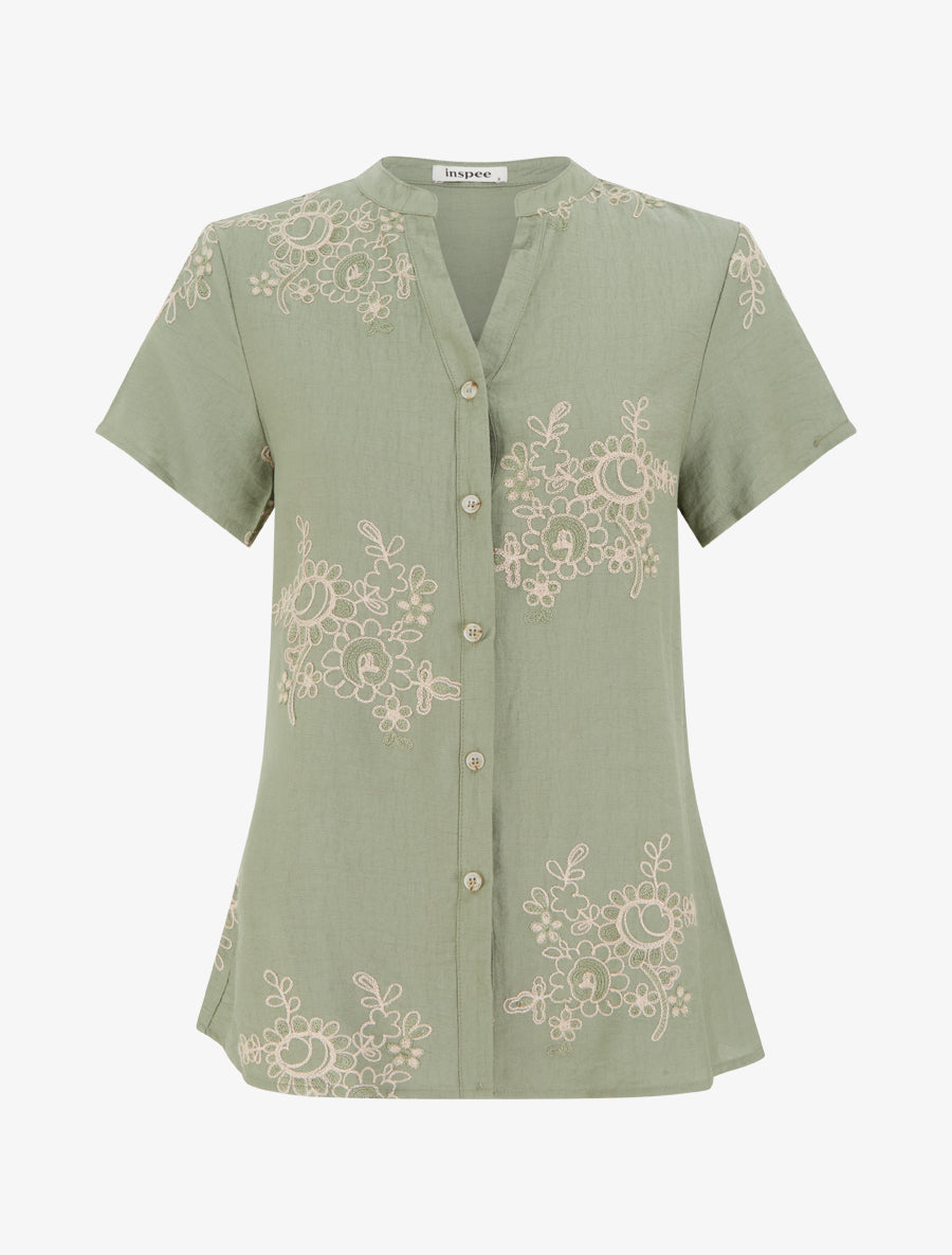 Blouse manches courtes à broderies fleuries - Kaki - 1