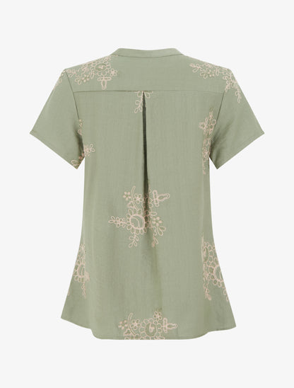 Blouse manches courtes à broderies fleuries - Kaki - 2