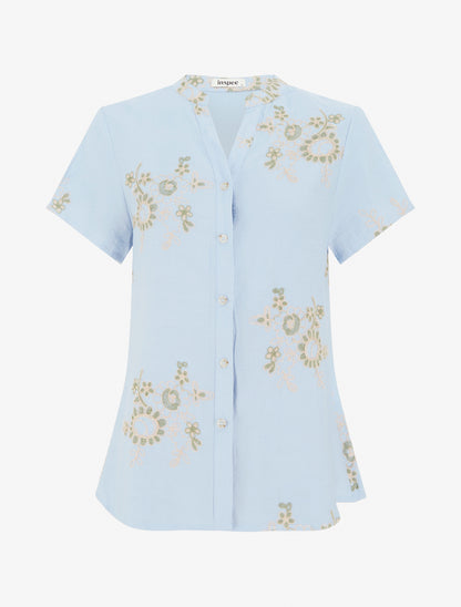 Blouse manches courtes à broderies fleuries - Bleu ciel - 1
