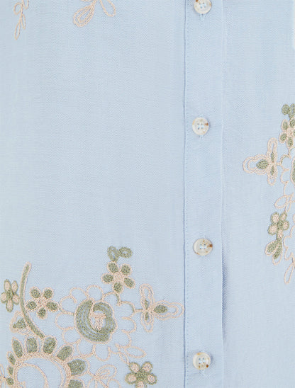 Blouse manches courtes à broderies fleuries - Bleu ciel - 3