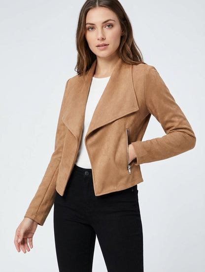 Jacke aus Wildlederimitat mit Schalkragen - Kamel