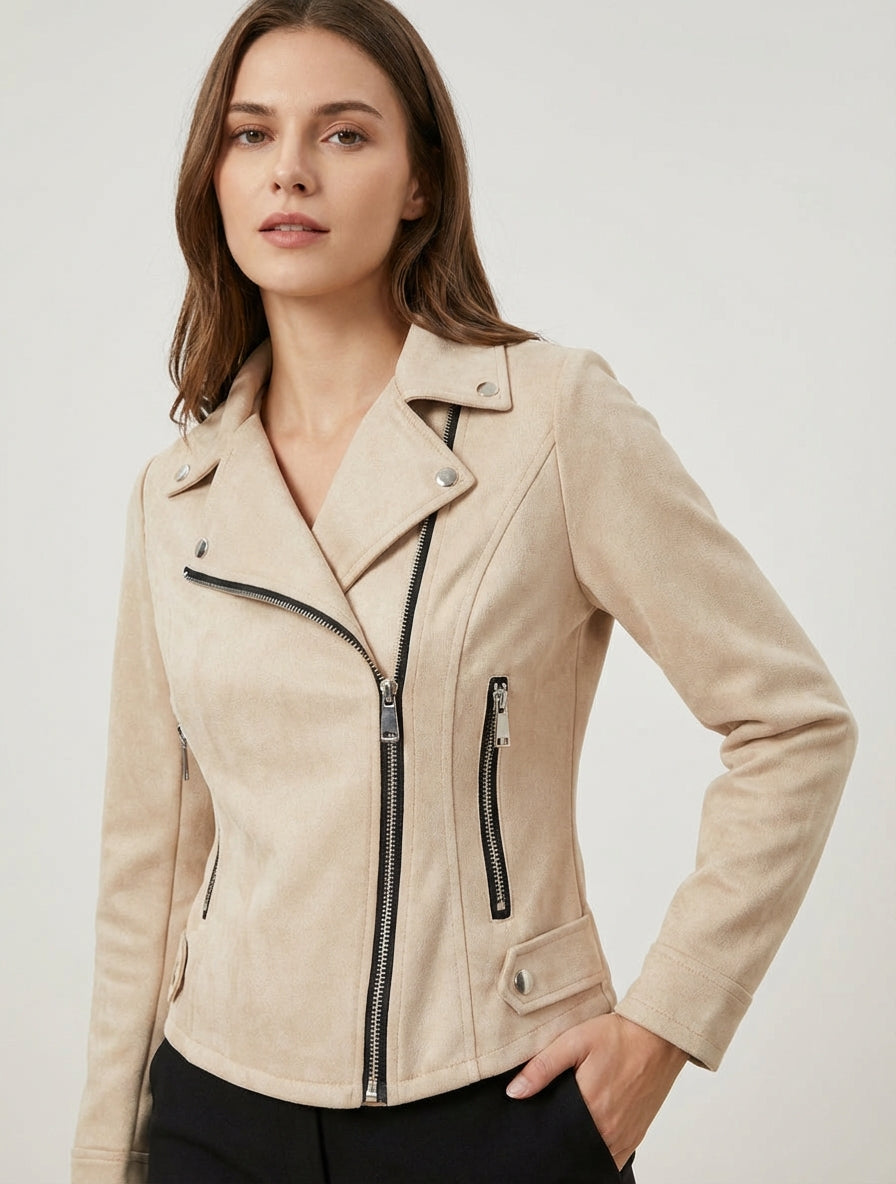 Jacke aus Wildlederimitat mit Reißverschluss - Beige