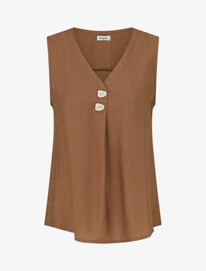 Top sans manches à col V boutonné - Marron - 1
