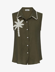 Chemise sans manches à broderie palmier - Kaki - 1