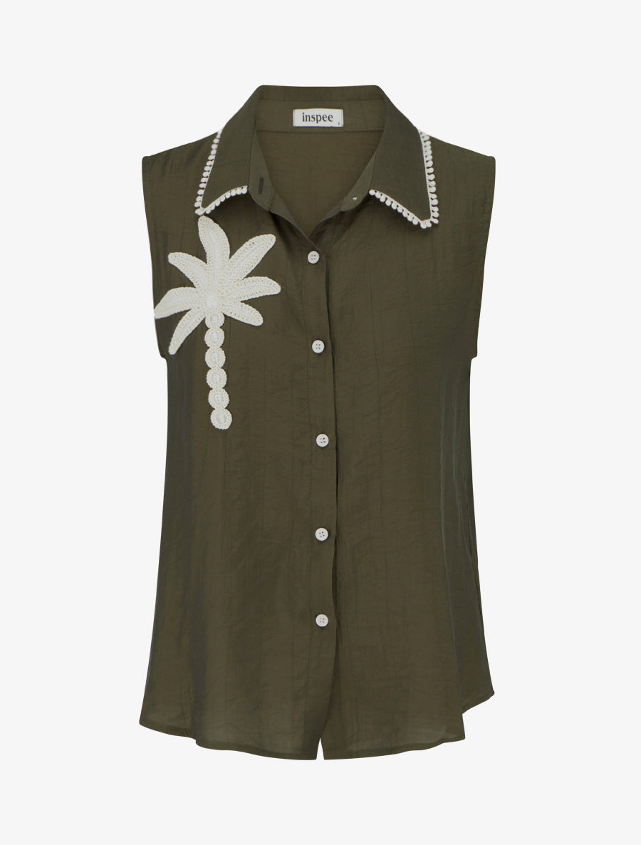 Chemise sans manches à broderie palmier - Kaki - 1