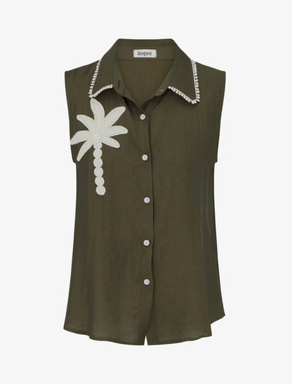 Chemise sans manches à broderie palmier - Kaki - 1