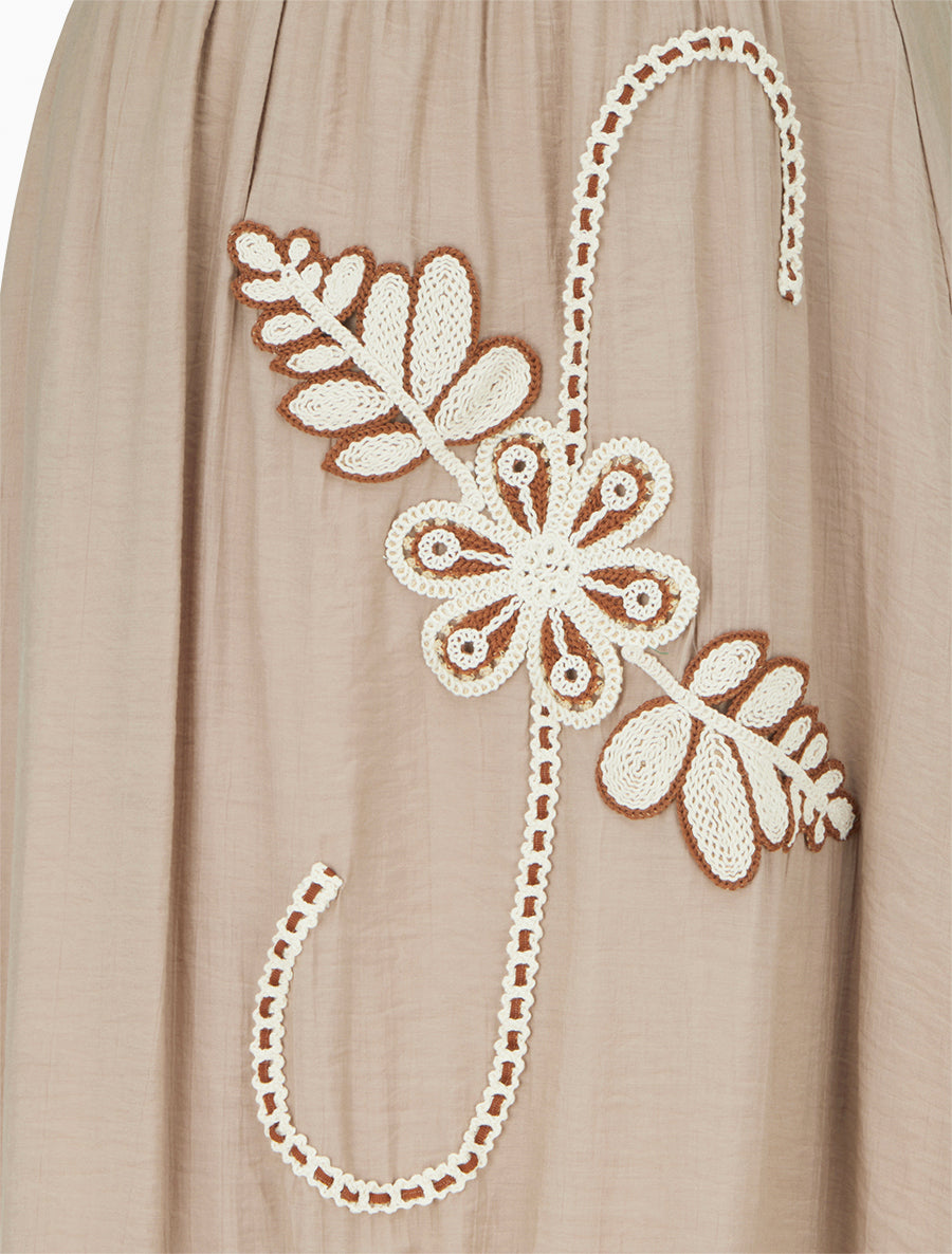Jupe longue évasée à motif floral brodé - Taupe - 3