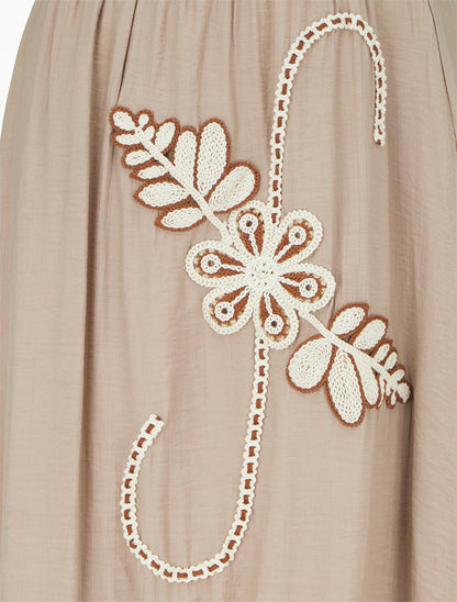 Jupe longue évasée à motif floral brodé - Taupe - 3
