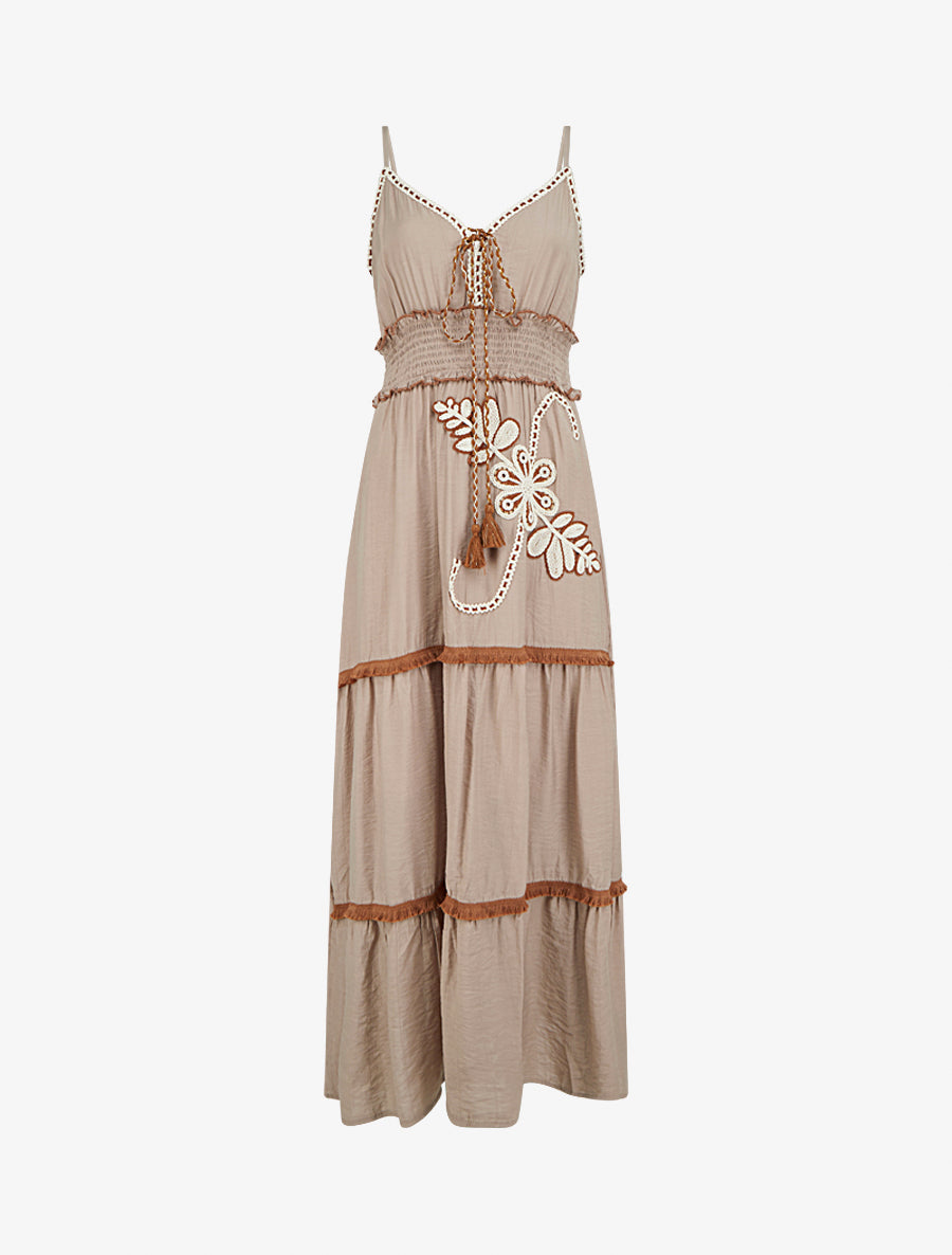 Robe longue à fines bretelles et broderie florale - Taupe - 1