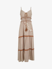 Robe longue à fines bretelles et broderie florale - Taupe - 1