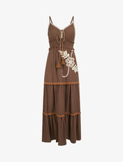 Robe longue à fines bretelles et broderie florale - Marron - 1