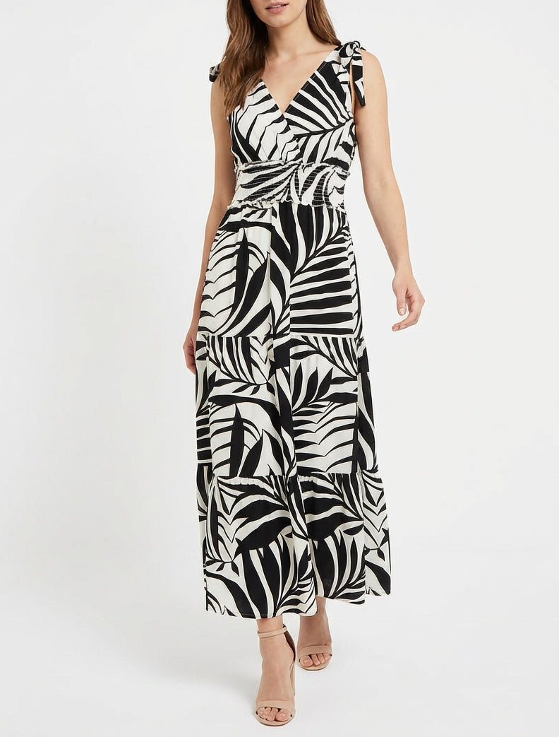 Kleid mit Blätterdruck und Knotenträgern - Schwarz