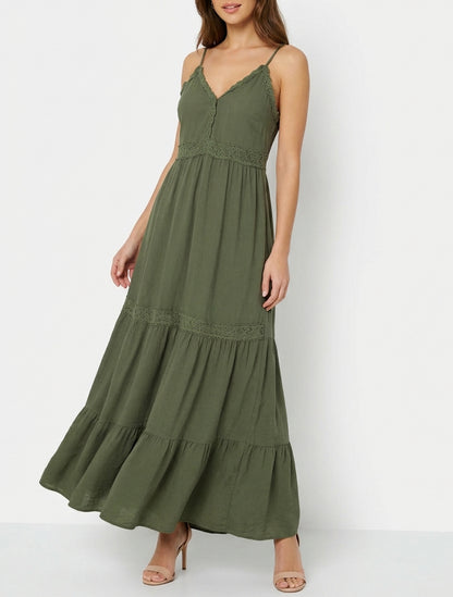 Elastisches Kleid mit Häkeleinsätzen - Kaki