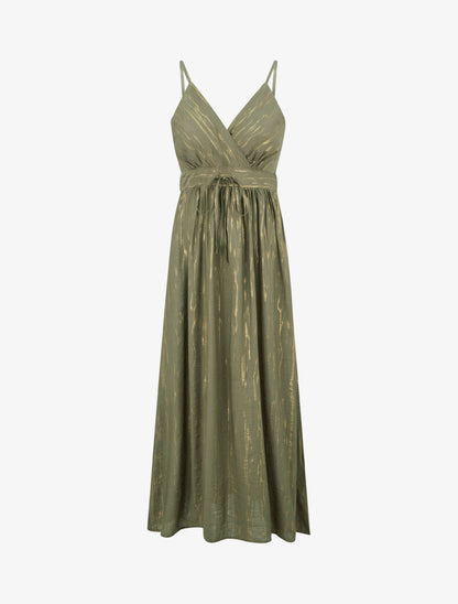 Robe élastiquée unie à détail irisé - Kaki - 1