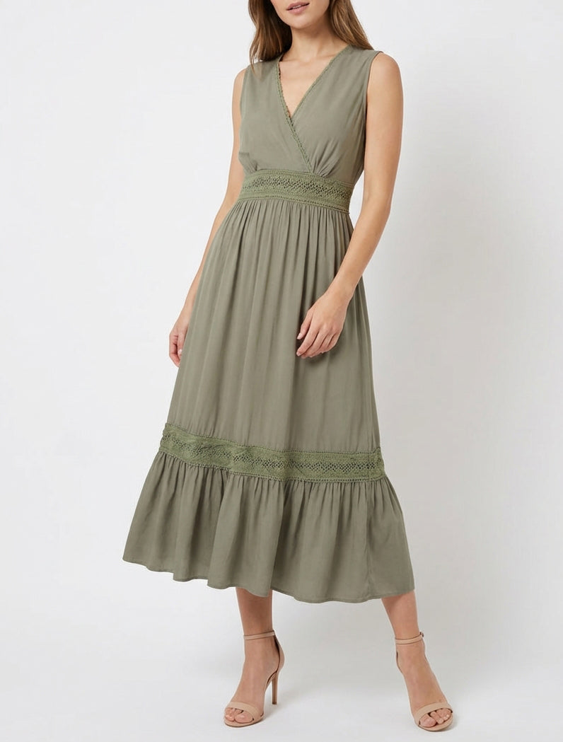 Ärmelloses Kleid mit Stickereien - Kaki