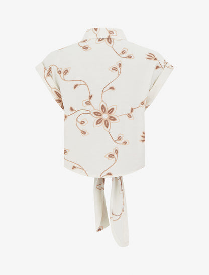 Chemise à nouer à broderies florales - Écru - 2