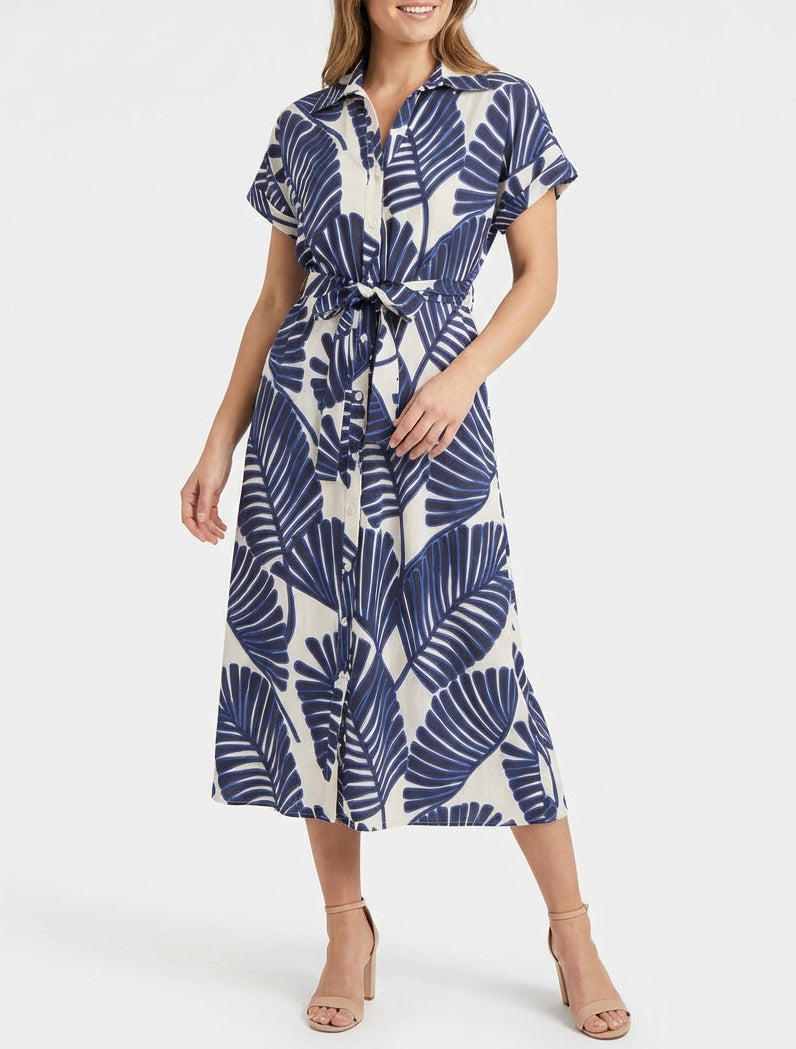 Tropisches Hemdkleid mit kurzen Ärmeln - Blau