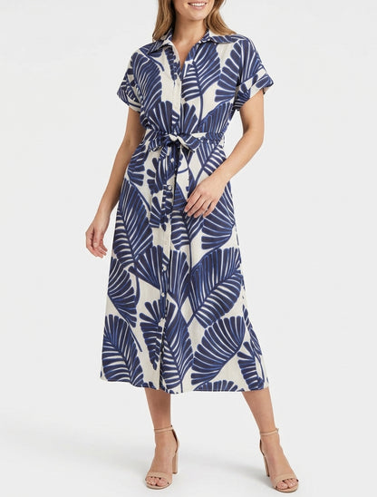 Tropisches Hemdkleid mit kurzen Ärmeln - Blau