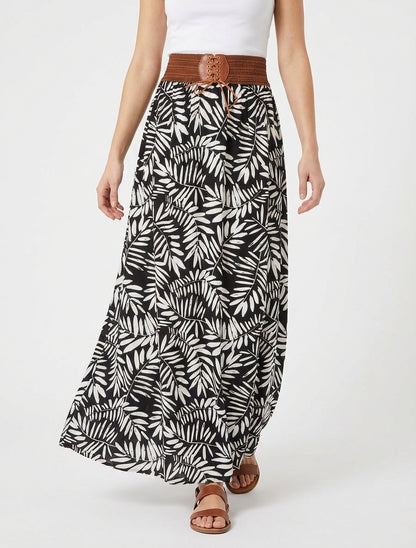 Langer Rock mit Blattdruck und elastischem Bund - Schwarz