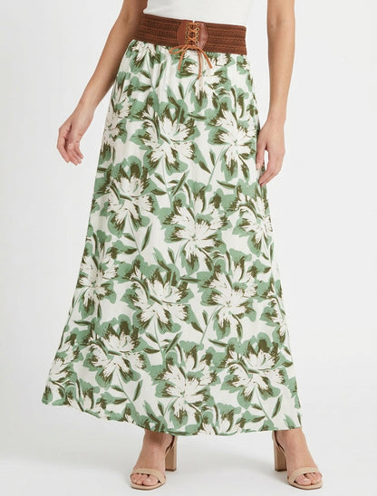 Langer Rock mit elastischem Bund und Blumenmuster - Grün
